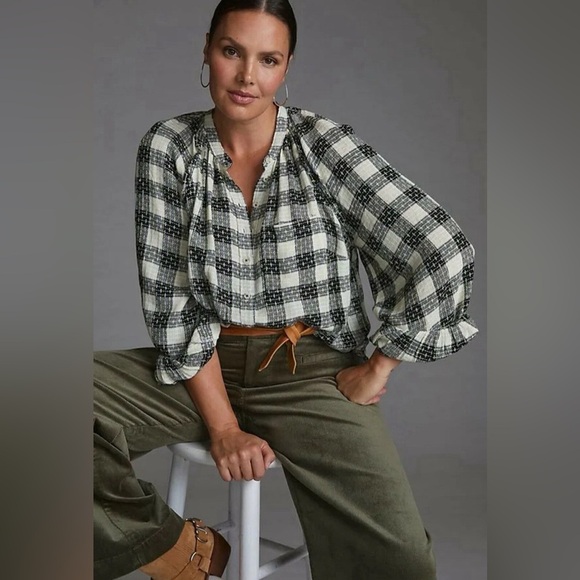 Anthropologie Pilcro Black Plaid Long Sleeve Stitch Button Down Shirt Size XS - Picture 1 of 12